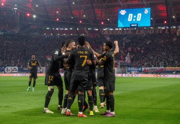 Fussball, Herren, Saison 2023 2024, UEFA Champions League (Achtelfinale, Hinspiel), RB Leipzig - Real Madrid, v. l. Eduardo Camavinga, Brahim Diaz, Vinicius Junior, Rodrygo (alle Madrid), Jubel nach dem Tor zum 1:0, 13.02. 2024, Copyright: xSebastianxRäppold MatthiasxKochx