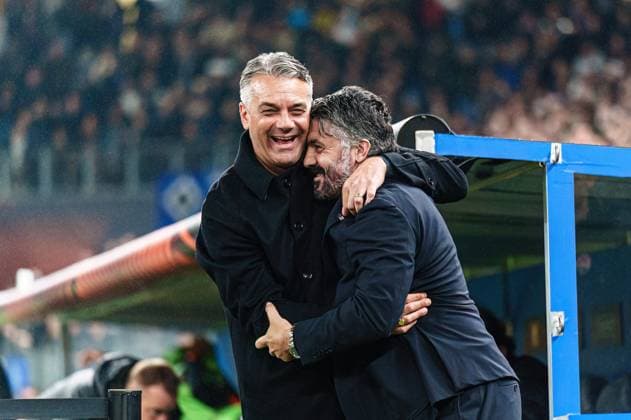 Marino Pusic (Schachtar Donezk, Trainer), Genaro Gattuso (Olympique de Marseille, Trainer) GER, Schachtar Donezk vs. Olympique de Marseille, Fussball, Europa League, Play-offs, Saison 2023 2024, 15.02.2024 GER, Schachtar Donezk vs. Olympique de Marseille, Fussball, Europa League, Play-offs, Saison 2023 2024, 15.02.2024 Hamburg Copyright: xEibner-Pressefoto MarcelxvonxFehrnx EP_MFN
