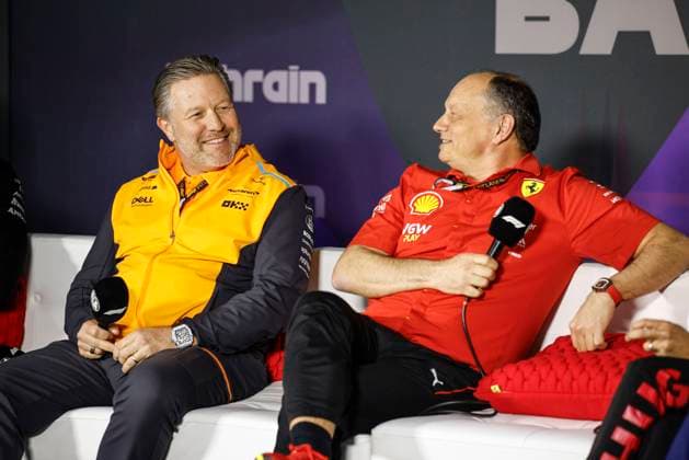 BROWN Zak (usa), CEO of of McLaren Racing, portrait VASSEUR Frà dà ric (fra), Team Principal & General Manager of the Scuderia Ferrari, portrait press conference, PK, Pressekonferenz during the Formula 1 Gulf Air Bahrain Grand Prix 2024, 1st round of the 2024 FIA Formula One World Championship, WM, Weltmeisterschaft from February 29 to March 2, 2024 on the Bahrain International Circuit, in Sakhir, Bahrain - F1 - BAHRAIN GRAND PRIX 2024 DPPI Panoramic 240229_R01BAHRAIN__BR50943