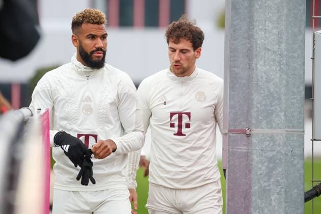 Eric Maxim Choupo-Moting (FC Bayern Muenchen, 13) mit Leon Goretzka (FC Bayern Muenchen, 08), Abschlusstraining. FC Bayern Muenchen, Fussball, UEFA Champions League, Achtelfinale Rueckspiel, Saison 23 24, 04.03.2024, Abschlusstraining. FC Bayern Muenchen, Fussball, UEFA Champions League, Achtelfinale Rueckspiel, Saison 23 24, 04.03.2024 Muenchen Copyright: xEibner-Pressefoto JennixMaulx EP_JML