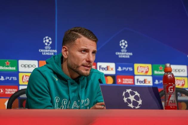 Ciro Immobile (S.S. Lazio Rom, 17) bei der Pressekoferenz, at the press conference, PK, Pressekonferenz Internationale Pressekonferenz. S.S. Lazio Rom, Fussball, UEFA Champions League, Achtelfinale Rueckspiel, Saison 23 24, 04.03.2024 , Internationale Pressekonferenz.S.S. Lazio Rom, Fussball, UEFA Champions League, Achtelfinale Rueckspiel, Saison 23 24, 04.03.2024 Muenchen Copyright: xEibner-Pressefoto JennixMaulx EP_JML