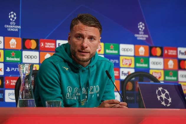 Ciro Immobile (S.S. Lazio Rom, 17) bei der Pressekoferenz, at the press conference, PK, Pressekonferenz Internationale Pressekonferenz. S.S. Lazio Rom, Fussball, UEFA Champions League, Achtelfinale Rueckspiel, Saison 23 24, 04.03.2024 , Internationale Pressekonferenz.S.S. Lazio Rom, Fussball, UEFA Champions League, Achtelfinale Rueckspiel, Saison 23 24, 04.03.2024 Muenchen Copyright: xEibner-Pressefoto JennixMaulx EP_JML