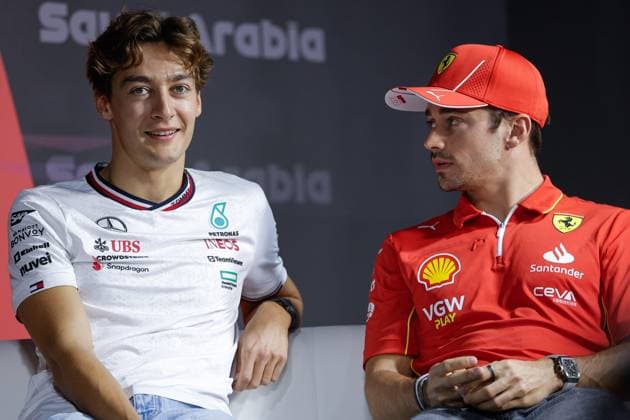 RUSSELL George (gbr), Mercedes AMG F1 Team W15, portrait, LECLERC Charles (mco), Scuderia Ferrari SF-24, portrait, press conference, PK, Pressekonferenz during the Formula 1 STC Saudi Arabian Grand Prix 2024, 2nd round of the 2024 Formula One World Championship, WM, Weltmeisterschaft from March 7 to 9, 2024 on the Jeddah Corniche Circuit, in Jeddah, Saudi Arabia - F1 - SAUDI ARABIAN GRAND PRIX 2024 DPPI Panoramic 240306_R02_SAUDI__LF_9655
