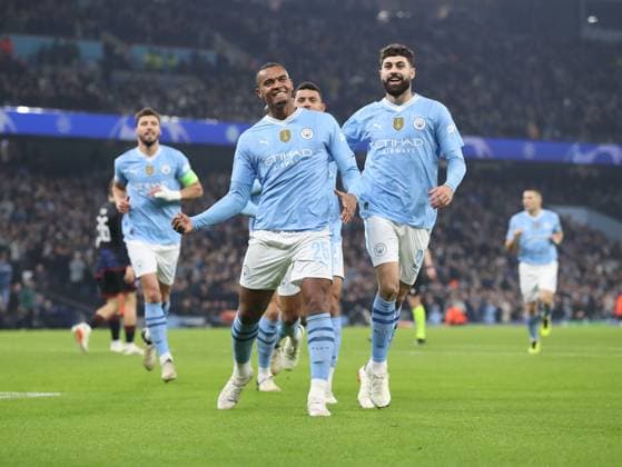 Manuel Akanji of Manchester City celebrates scoring the opening goal with team-mates Manchester City v FC Copenhagen, UEFA Champions League, Round of 16, Second Leg, Football, Etihad Stadium, Manchester, UK - 06 Mar 2024 EDITORIAL USE ONLY No use with unauthorised audio, video, data, fixture lists, club league logos or live services. Online in-match use limited to 120 images, no video emulation. No use in betting, games or single club league player publications. Copyright: xMichaelxZemanek Shutterstockx 14378804g