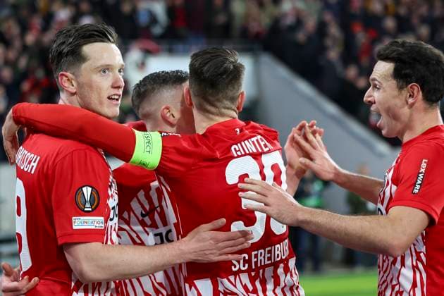 Torjubel SC Freiburg beim 1:0 durch Michael Gregoritsch (SC Freiburg, 38) , Fussball, UEFA Europa League, Achtelfinale, 2023 2024, SC Freiburg vs. West Ham United, 07.03.2024, Europa-Park Stadion , Freiburg im Breisgau, Deutschland Freiburg im Breisgau Europa-Park Stadion Baden-Wuerttemberg Deutschland Copyright: xGrantxHubbsx