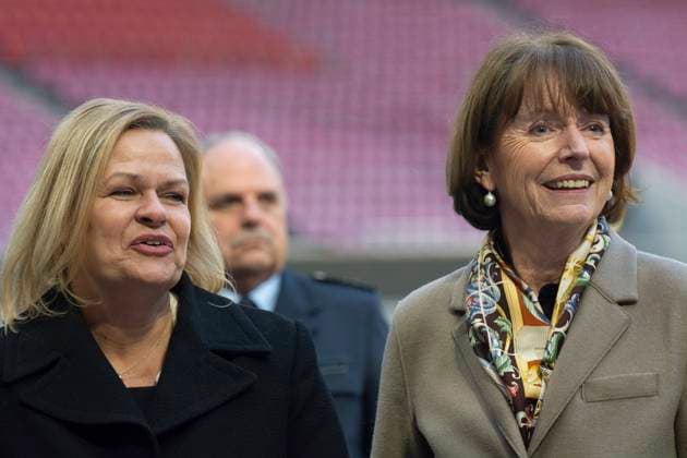 Nancy Faeserï¼aFederal Minister Of The Interior, Visits Rhein Energie Stadium 99 Days Before The UEFA EURO, EM, Europameisterschaft,Fussball 2024 Nancy Faeser, the Federal Minister of the Interior, and Henriette Reker, the Mayor of Cologne, are standing next to the trophy of UEFA Euro 2024 at the RheinEnergieStadion in Cologne, Germany, on March 7, 2024. Cologne Germany Copyright: xYingxTangx originalFilename:tang-notitle240307_nphbm.jpg