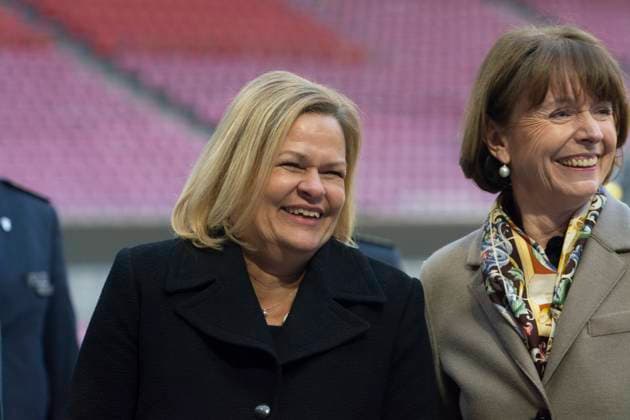 Nancy Faeserï¼aFederal Minister Of The Interior, Visits Rhein Energie Stadium 99 Days Before The UEFA EURO, EM, Europameisterschaft,Fussball 2024 Nancy Faeser, the Federal Minister of the Interior, and Henriette Reker, the Mayor of Cologne, are standing next to the trophy of UEFA Euro 2024 at the RheinEnergieStadion in Cologne, Germany, on March 7, 2024. Cologne Germany Copyright: xYingxTangx originalFilename:tang-notitle240307_npX6M.jpg