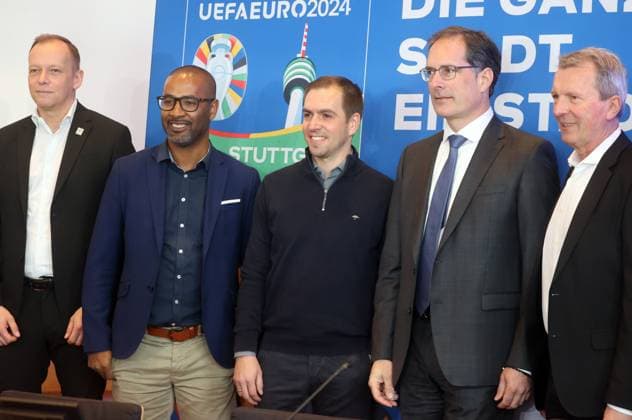 13.03.24 PK UEFA EURO, EM, Europameisterschaft,Fussball 2024 Stuttgart Deutschland, Stuttgart, 13.03.2024, Fussball, Pressekonferenz UEFA Euro 2024: v.l. Markus Stenger (Geschäftsführer Euro 2024), Cacau (Host-City Stuttgart Botschafter), Philipp Lahm (Turnierdirektor), Dr. Clemens Maier (Bürgermeister Sicherheit, Ordnung und Stadt Stuttgart), Andreas Kroll (in.Stuttgart).