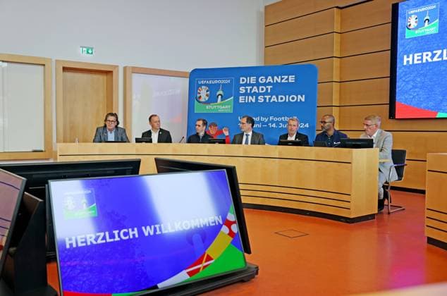 13.03.24 PK UEFA EURO, EM, Europameisterschaft,Fussball 2024 Stuttgart Deutschland, Stuttgart, 13.03.2024, Fussball, Pressekonferenz UEFA Euro 2024: v.l. Jörg Klopfer (in.Stuttgart), Markus Stenger (Geschäftsführer Euro 2024), Philipp Lahm (Turnierdirektor), Dr. Clemens Maier (Bürgermeister Sicherheit, Ordnung und Stadt Stuttgart), Andreas Kroll (in.Stuttgart), Cacau (Host-City Stuttgart Botschafter), Thomas Pollack (Geschäftsführer UEFA Euro in Stuttgart).