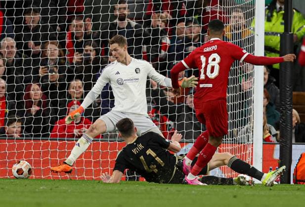 Cody Gakpo of Liverpool scores the 4th goal Liverpool v Sparta Prague, UEFA Europa League, Round of 16, Second Leg, Football, Anfield, Liverpool, UK - 14 Mar 2024 EDITORIAL USE ONLY No use with unauthorised audio, video, data, fixture lists, club league logos or live services. Online in-match use limited to 120 images, no video emulation. No use in betting, games or single club league player publications. Copyright: xPaulxCurrie Shutterstockx 14385501ai