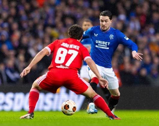 Rangers Forward Scott Wright during UEFA Europa League Round of 16 Second Leg match at Ibrox. Rangers v Benfica, UEFA Europa League, Round of 16, Second Leg, Football, Ibrox Stadium, Glasgow, UK - 14 Mar 2024 EDITORIAL USE ONLY No use with unauthorised audio, video, data, fixture lists, club league logos or live services. Online in-match use limited to 120 images, no video emulation. No use in betting, games or single club league player publications. Copyright: xLukexNickerson RangersxFC Shutterstockx 14389051v
