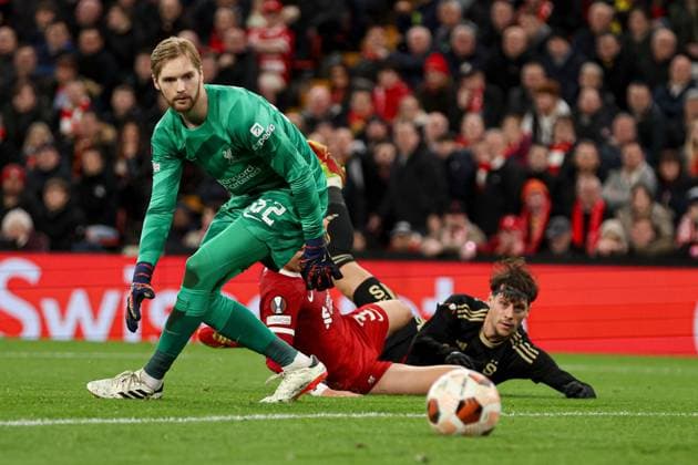 Veljko Birmancevic of Sparta Prague scores to make it 4-1 Liverpool v Sparta Prague, UEFA Europa League, Round of 16, Second Leg, Football, Anfield, Liverpool, UK - 14 Mar 2024 EDITORIAL USE ONLY No use with unauthorised audio, video, data, fixture lists, club league logos or live services. Online in-match use limited to 120 images, no video emulation. No use in betting, games or single club league player publications. Copyright: xPaulxCurrie Shutterstockx 14385501aj