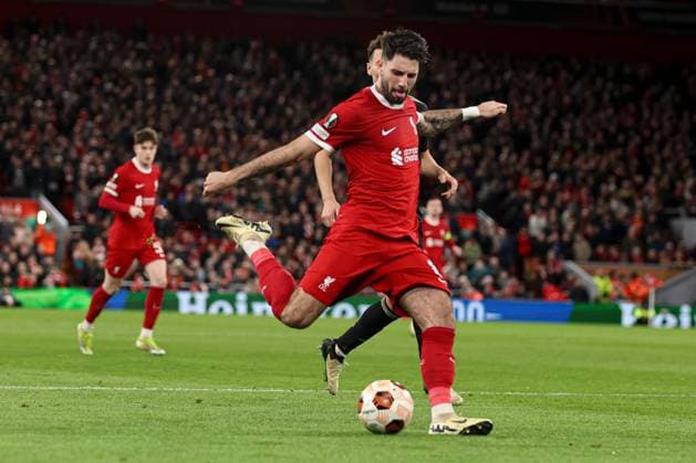 Dominik Szoboszlai of Liverpool scores the 5th goal and celebrates Liverpool v Sparta Prague, UEFA Europa League, Round of 16, Second Leg, Football, Anfield, Liverpool, UK - 14 Mar 2024 EDITORIAL USE ONLY No use with unauthorised audio, video, data, fixture lists, club league logos or live services. Online in-match use limited to 120 images, no video emulation. No use in betting, games or single club league player publications. Copyright: xPaulxCurrie Shutterstockx 14385501as