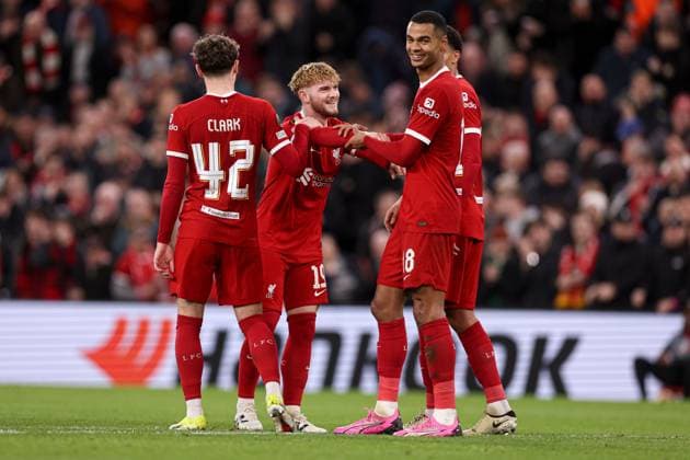 Harvey Elliott of Liverpool scores the 6th goal and celebrates Liverpool v Sparta Prague, UEFA Europa League, Round of 16, Second Leg, Football, Anfield, Liverpool, UK - 14 Mar 2024 EDITORIAL USE ONLY No use with unauthorised audio, video, data, fixture lists, club league logos or live services. Online in-match use limited to 120 images, no video emulation. No use in betting, games or single club league player publications. Copyright: xPaulxCurrie Shutterstockx 14385501bi