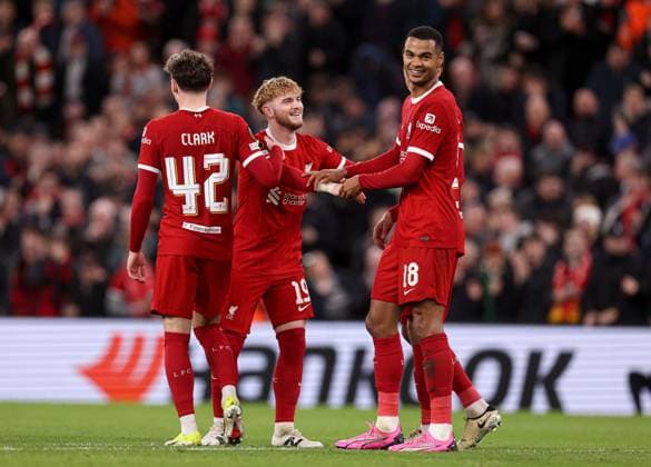 Cody Gakpo of Liverpool celebrates scoring the 6th goal Liverpool v Sparta Prague, UEFA Europa League, Round of 16, Second Leg, Football, Anfield, Liverpool, UK - 14 Mar 2024 EDITORIAL USE ONLY No use with unauthorised audio, video, data, fixture lists, club league logos or live services. Online in-match use limited to 120 images, no video emulation. No use in betting, games or single club league player publications. Copyright: xPaulxCurrie Shutterstockx 14385501bl