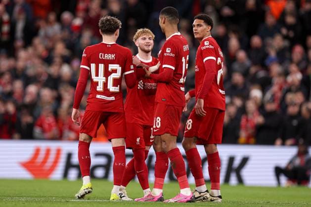 Cody Gakpo of Liverpool celebrates scoring the 6th goal Liverpool v Sparta Prague, UEFA Europa League, Round of 16, Second Leg, Football, Anfield, Liverpool, UK - 14 Mar 2024 EDITORIAL USE ONLY No use with unauthorised audio, video, data, fixture lists, club league logos or live services. Online in-match use limited to 120 images, no video emulation. No use in betting, games or single club league player publications. Copyright: xPaulxCurrie Shutterstockx 14385501bm