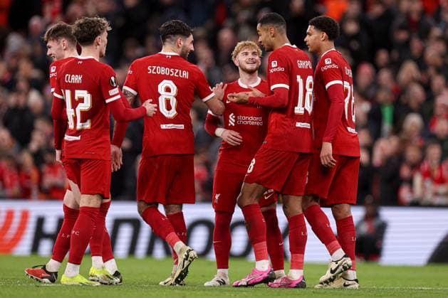 Cody Gakpo of Liverpool celebrates scoring the 6th goal Liverpool v Sparta Prague, UEFA Europa League, Round of 16, Second Leg, Football, Anfield, Liverpool, UK - 14 Mar 2024 EDITORIAL USE ONLY No use with unauthorised audio, video, data, fixture lists, club league logos or live services. Online in-match use limited to 120 images, no video emulation. No use in betting, games or single club league player publications. Copyright: xPaulxCurrie Shutterstockx 14385501bs