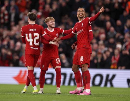 Cody Gakpo of Liverpool celebrates scoring the 6th goal Liverpool v Sparta Prague, UEFA Europa League, Round of 16, Second Leg, Football, Anfield, Liverpool, UK - 14 Mar 2024 EDITORIAL USE ONLY No use with unauthorised audio, video, data, fixture lists, club league logos or live services. Online in-match use limited to 120 images, no video emulation. No use in betting, games or single club league player publications. Copyright: xPaulxCurrie Shutterstockx 14385501bu