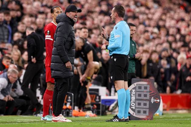 Liverpool manager Jurgen Klopp berates referee Artur Manuel Soares Dias and gets a yellow card Liverpool v Sparta Prague, UEFA Europa League, Round of 16, Second Leg, Football, Anfield, Liverpool, UK - 14 Mar 2024 EDITORIAL USE ONLY No use with unauthorised audio, video, data, fixture lists, club league logos or live services. Online in-match use limited to 120 images, no video emulation. No use in betting, games or single club league player publications. Copyright: xPaulxCurrie Shutterstockx 14385501bw