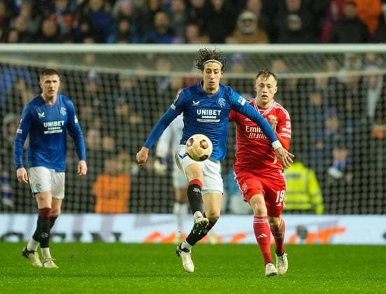 Fabio Silva of Rangers & Casper Tengstedt of Benfica. Rangers v Benfica, UEFA Europa League, Round of 16, Second Leg, Football, Ibrox Stadium, Glasgow, UK - 14 Mar 2024 EDITORIAL USE ONLY No use with unauthorised audio, video, data, fixture lists, club league logos or live services. Online in-match use limited to 120 images, no video emulation. No use in betting, games or single club league player publications. Copyright: xStuartxWallace Shutterstockx 14385550bd