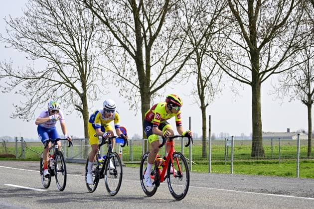 French Thomas Gachignard of TotalEnergies, Belgian Victor Vercouillie of Team Flanders Baloise and Belgian Luca De Meester of Bingoal WB pictured in action during the Classic Brugge-De Panne men s elite one-day cycling race, 198,9 km from Brugge to De Panne, Wednesday 20 March 2024. LAURIExDIEFFEMBACQ x89528724x