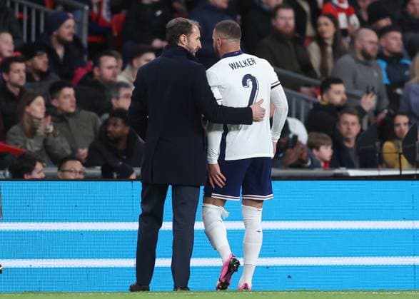 London, England, 23rd March 2024. Kyle Walker of England is taken off by Gareth Southgate manager of England goes of with a hamstring twinge during the International Friendly, Länderspiel, Nationalmannschaft match at Wembley Stadium, London. Picture credit should read: David Klein Sportimage EDITORIAL USE ONLY. No use with unauthorised audio, video, data, fixture lists, club league logos or live services. Online in-match use limited to 120 images, no video emulation. No use in betting, games or single club league player publications. SPI-3030-0027