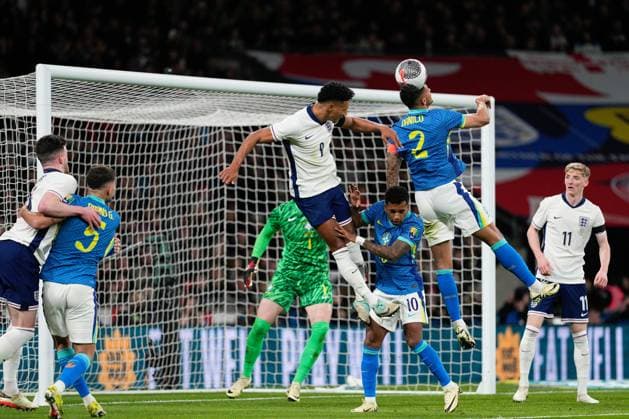 Danilo of Brazil wins a header England v Brazil, International Friendly, Länderspiel, Nationalmannschaft Football, Wembley Stadium, London, UK - 23 Mar 2024 EDITORIAL USE ONLY No use with unauthorised audio, video, data, fixture lists, club league logos or live services. Online in-match use limited to 120 images, no video emulation. No use in betting, games or single club league player publications. Copyright: xDavexShopland Shutterstockx 14398318ae