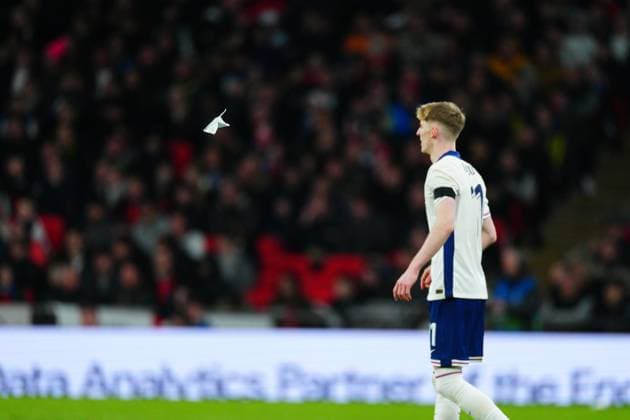 A paper aeroplane flies onto the pitch England v Brazil, International Friendly, Länderspiel, Nationalmannschaft Football, Wembley Stadium, London, UK - 23 Mar 2024 EDITORIAL USE ONLY No use with unauthorised audio, video, data, fixture lists, club league logos or live services. Online in-match use limited to 120 images, no video emulation. No use in betting, games or single club league player publications. Copyright: xJavierxGarcia Shutterstockx 14398296cc