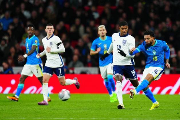 Douglas Luiz of Brazil England v Brazil, International Friendly, Länderspiel, Nationalmannschaft Football, Wembley Stadium, London, UK - 23 Mar 2024 EDITORIAL USE ONLY No use with unauthorised audio, video, data, fixture lists, club league logos or live services. Online in-match use limited to 120 images, no video emulation. No use in betting, games or single club league player publications. Copyright: xJavierxGarcia Shutterstockx 14398296ct