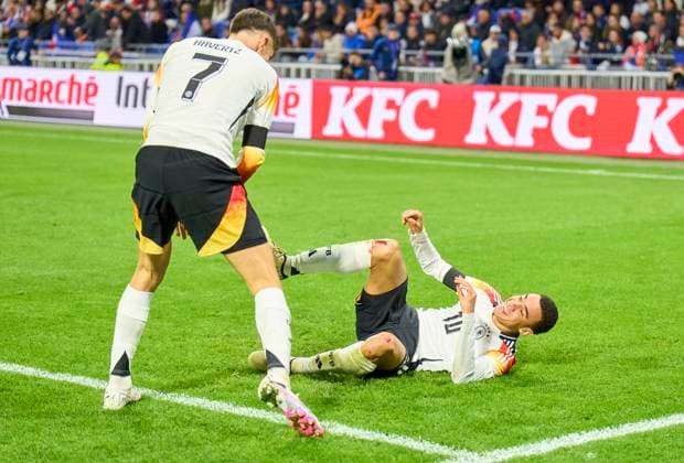 Kai Havertz, DFB 7 scores, shoots goal , Tor, Treffer, Torschuss, 2-0 , celebrates his goal, happy, laugh, celebration, with Jamal MUSIALA, dfb 10 in the friendly match FRANCE - GERMANY FRANKREICH - DEUTSCHLAND in preparation for European Championships 2024 on Mar 23, 2024 in Lyon, France.