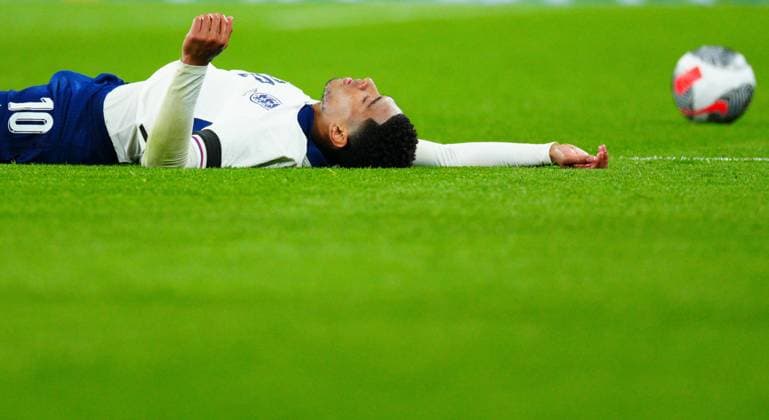 Jude Bellingham of England reacts after being fouled England v Brazil, International Friendly, Länderspiel, Nationalmannschaft Football, Wembley Stadium, London, UK - 23 Mar 2024 EDITORIAL USE ONLY No use with unauthorised audio, video, data, fixture lists, club league logos or live services. Online in-match use limited to 120 images, no video emulation. No use in betting, games or single club league player publications. Copyright: xJavierxGarcia Shutterstockx 14398296gw