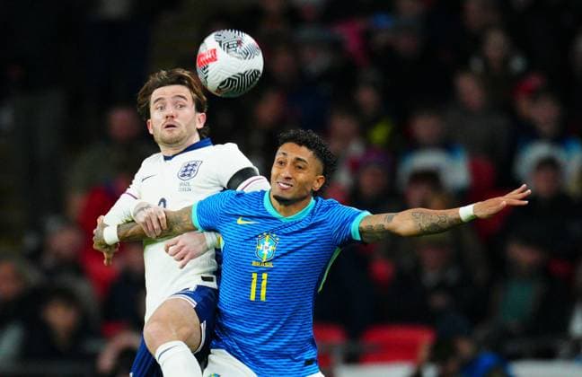 Ben Chilwell of England battles with Raphinha of Brazil England v Brazil, International Friendly, Länderspiel, Nationalmannschaft Football, Wembley Stadium, London, UK - 23 Mar 2024 EDITORIAL USE ONLY No use with unauthorised audio, video, data, fixture lists, club league logos or live services. Online in-match use limited to 120 images, no video emulation. No use in betting, games or single club league player publications. Copyright: xJavierxGarcia Shutterstockx 14398296hd