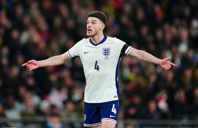 Declan Rice of England England v Brazil, International Friendly, Länderspiel, Nationalmannschaft Football, Wembley Stadium, London, UK - 23 Mar 2024 EDITORIAL USE ONLY No use with unauthorised audio, video, data, fixture lists, club league logos or live services. Online in-match use limited to 120 images, no video emulation. No use in betting, games or single club league player publications. Copyright: xJavierxGarcia Shutterstockx 14398296hu