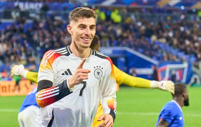 Kai Havertz, DFB 7 scores, shoots goal , Tor, Treffer, Torschuss, 0-2 and celebrates his goal, happy, laugh, celebration, in the friendly match FRANCE - GERMANY 0-2 FRANKREICH - DEUTSCHLAND 0-2 in preparation for European Championships 2024 on Mar 23, 2024 in Lyon, France.