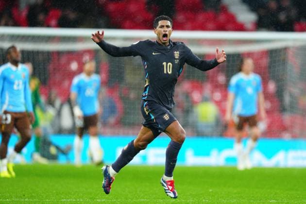 Jude Bellingham of England celebrates their goal to make it 2-2 England v Belgium, International Friendly, Länderspiel, Nationalmannschaft Football, Wembley Stadium, London, UK - 26 Mar 2024 EDITORIAL USE ONLY No use with unauthorised audio, video, data, fixture lists, club league logos or live services. Online in-match use limited to 120 images, no video emulation. No use in betting, games or single club league player publications. Copyright: xJavierxGarcia Shutterstockx 14400427cv