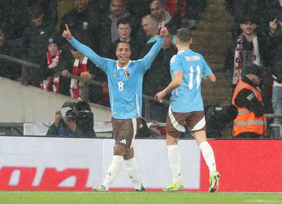. - England v Belgium, International Friendly, Länderspiel, Nationalmannschaft Match, Wembley Stadium, London, UK. - 26th March 2024. Youri Tielemans of Belgium & Aston Villa goal celebration with Leandro Trossard of Belgium & Arsenal. - England v Belgium, International Friendly Match, Wembley Stadium, London, UK. - 26th March 2024. London Wembley Stadium UK Copyright: xDanxWeirx CP_England_Belgium_44