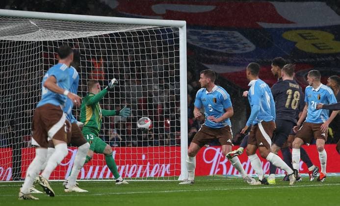 . - England v Belgium, International Friendly, Länderspiel, Nationalmannschaft Match, Wembley Stadium, London, UK. - 26th March 2024. GOAL Disallowed by Video Assistant Referee VAR Jarrod Bowen of England & West Ham United scores. - England v Belgium, International Friendly Match, Wembley Stadium, London, UK. - 26th March 2024. London Wembley Stadium UK Copyright: xDanxWeirx CP_England_Belgium_87