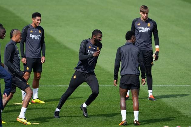 April 8, 2024, Valdebebas, Madrid, SPAIN: Antonio Rudiger during the training session of Real Madrid before the UEFA Champions League, Quarter finals, football match against Manchester City at Ciudad Deportiva Real Madrid on April 8, 2024, in Valdebebas, Madrid, Spain. Valdebebas SPAIN - ZUMAa181 20240408_zaa_a181_010 Copyright: xOscarxJ.xBarrosox