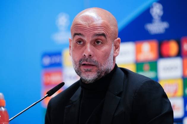 April 8, 2024, Madrid, Madrid, SPAIN: Pep Guardiola, head coach of Manchester City, attends his press conference, PK, Pressekonferenz before the UEFA Champions League, Quarter finals, football match against Real Madrid at Santiago Bernabeu stadium on April 8, 2024, in Madrid, Spain. Madrid SPAIN - ZUMAa181 20240408_zaa_a181_103 Copyright: xOscarxJ.xBarrosox