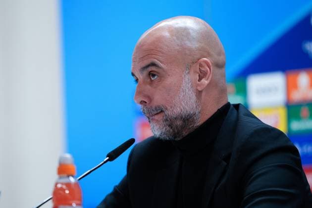 April 8, 2024, Madrid, Madrid, SPAIN: Pep Guardiola, head coach of Manchester City, attends his press conference, PK, Pressekonferenz before the UEFA Champions League, Quarter finals, football match against Real Madrid at Santiago Bernabeu stadium on April 8, 2024, in Madrid, Spain. Madrid SPAIN - ZUMAa181 20240408_zaa_a181_100 Copyright: xOscarxJ.xBarrosox