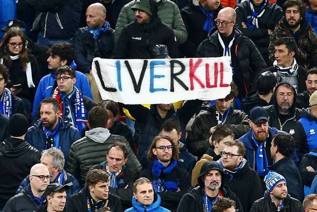 Fußball, EL, FC Liverpool - Atalanta Bergamo A banner in the Atalanta away section of Anfield reads Liverkul Liverpool v Atalanta, UEFA Europa League, Quarter Final, First Leg, Football, Anfield, Liverpool, UK - 11 Apr 2024 EDITORIAL USE ONLY No use with unauthorised audio, video, data, fixture lists, club league logos or live services. Online in-match use limited to 120 images, no video emulation. No use in betting, games or single club league player publications. Copyright: xMattxWest Shutterstockx 14424886ad
