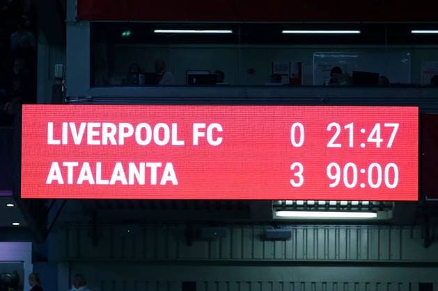 The full-time score between Atalanta and Liverpool Liverpool v Atalanta, UEFA Europa League, Quarter Final, First Leg, Football, Anfield, Liverpool, UK - 11 Apr 2024 EDITORIAL USE ONLY No use with unauthorised audio, video, data, fixture lists, club league logos or live services. Online in-match use limited to 120 images, no video emulation. No use in betting, games or single club league player publications. Copyright: xMattxWest Shutterstockx 14424886cg