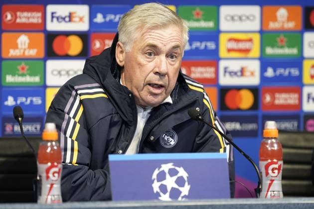 Manchester, England, 16th April 2024. Real Madrid manager Carlo Ancelotti talks at a press conference, PK, Pressekonferenz prior to the Champions League match tomorrow at the Etihad Stadium, Manchester. Picture: Andrew Yates Sportimage EDITORIAL USE ONLY. No use with unauthorised audio, video, data, fixture lists, club league logos or live services. Online in-match use limited to 120 images, no video emulation. No use in betting, games or single club league player publications. SPI-3083-0037