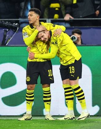 Julian Brandt of Borussia Dortmund celebrates scoring the opening goal with team-mate Jadon Sancho Borussia Dortmund v Atletico Madrid, UEFA Champions League, Quarter Final, Second Leg, Football, Signal Iduna Park, Dortmund, Germany - 16 Apr 2024 EDITORIAL USE ONLY No use with unauthorised audio, video, data, fixture lists, club league logos or live services. Online in-match use limited to 120 images, no video emulation. No use in betting, games or single club league player publications. Copyright: xMichaelxZemanek Shutterstockx 14434932ab