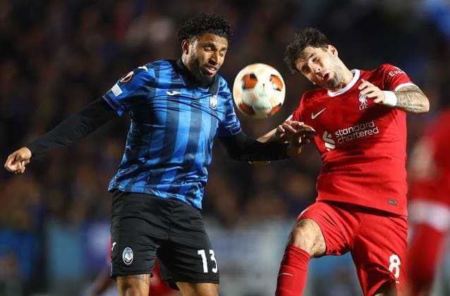 Ederson of Atalanta and Dominik Szoboszlai of Liverpool in action Atalanta v Liverpool, UEFA Europa League, Quarter Final, Second Leg, Football, Gewiss Stadium, Bergamo, Italy - 18 Apr 2024 EDITORIAL USE ONLY No use with unauthorised audio, video, data, fixture lists, club league logos or live services. Online in-match use limited to 120 images, no video emulation. No use in betting, games or single club league player publications. Copyright: xKieranxMcManus Shutterstockx 14438415z