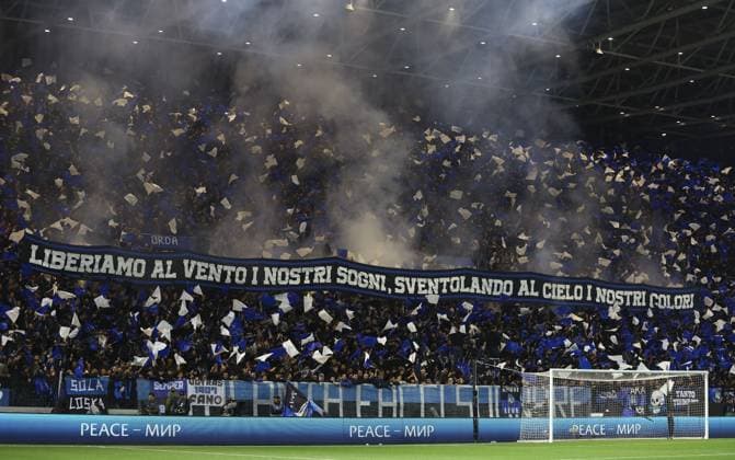 Atalanta fans in the stands Atalanta v Liverpool, UEFA Europa League, Quarter Final, Second Leg, Football, Gewiss Stadium, Bergamo, Italy - 18 Apr 2024 EDITORIAL USE ONLY No use with unauthorised audio, video, data, fixture lists, club league logos or live services. Online in-match use limited to 120 images, no video emulation. No use in betting, games or single club league player publications. Copyright: xKieranxMcManus Shutterstockx 14438415cw