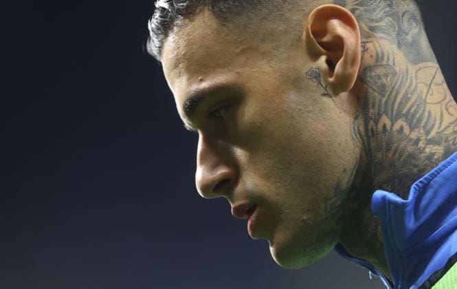 The tattooed neck of Gianluca Scamacca of Atalanta Atalanta v Liverpool, UEFA Europa League, Quarter Final, Second Leg, Football, Gewiss Stadium, Bergamo, Italy - 18 Apr 2024 EDITORIAL USE ONLY No use with unauthorised audio, video, data, fixture lists, club league logos or live services. Online in-match use limited to 120 images, no video emulation. No use in betting, games or single club league player publications. Copyright: xKieranxMcManus Shutterstockx 14438415ck