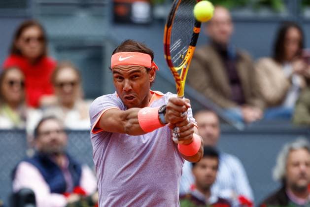 April 25, 2024, Madrid, Madrid, SPAIN: Rafael Nadal of Spain in action against Darwin Blanch of USA during the Mutua Madrid Open 2024, ATP, Tennis Herren Masters 1000 and WTA, Tennis Damen 1000, tournament celebrated at Caja Magica on April 25, 2024 in Madrid, Spain. Madrid SPAIN - ZUMAa181 20240425_zaa_a181_061 Copyright: xIrinaxR.xHipolitox