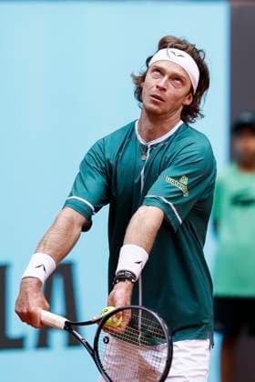 April 26, 2024, Madrid, Madrid, SPAIN: Andrey Rublev of Russia in action against Facundo Bagnis of Argentina during the Mutua Madrid Open 2024, ATP, Tennis Herren Masters 1000 and WTA, Tennis Damen 1000, tournament celebrated at Caja Magica on April 26, 2024 in Madrid, Spain. Madrid SPAIN - ZUMAa181 20240426_zaa_a181_016 Copyright: xIrinaxR.xHipolitox