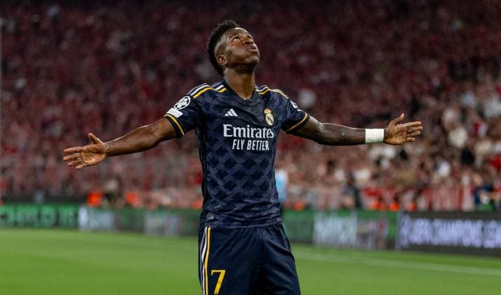 Vinicius Paixao de Oliveira Junior (Real Madrid CF, 7) bejubelt sein Tor zum 0:1. GER, FC Bayern Muenchen vs. Real Madrid CF, Fussball, Champions League, Halbfinale, Hinspiel, Spielzeit 2023 2024, 30.04.2024. (DFL DFB REGULATIONS PROHIBIT ANY USE OF PHOTOGRAPHS as IMAGE SEQUENCES and or QUASI-VIDEO). GER, FC Bayern Muenchen vs. Real Madrid CF, Fussball, Champions League, Halbfinale, Hinspiel, Spielzeit 2023 2024, 30.04.2024. Muenchen Copyright: xEibner-Pressefoto HeikexFeinerx EP_HFR